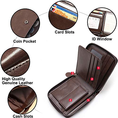 Faneam Cartera Hombre Cuero Autentico Billetera Hombre Piel, Cartera Hombre con Cremallera & Ranuras para Tarjetas, Pequeño Monedero de Hombre Cartera de Bolsillo para Hombre (Coffee)