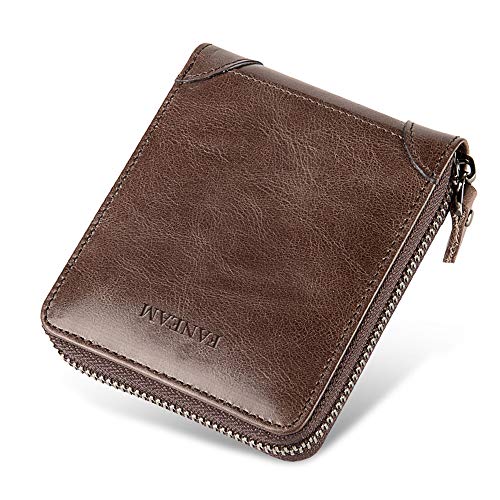 Faneam Cartera Hombre Cuero Autentico Billetera Hombre Piel, Cartera Hombre con Cremallera & Ranuras para Tarjetas, Pequeño Monedero de Hombre Cartera de Bolsillo para Hombre (Coffee)