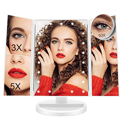 FASCINATE Espejo con Luz para Maquillaje Pantalla Táctil Lámparas con Iluminacíon 21 Led 1X/3X/5X/10X Triple Plegable Espejo Rotación de 180° Regalos Espejo de Mesa Carga con USB o Batería