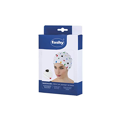 Fashy Duschhaube - Gorro de natación, Color Blanco con Puntos Multicolor