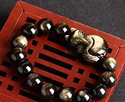 Feng Shui riqueza prosperidad pulsera de oro Obsidiana Fox Dios estiramiento del brazalete curativo natural de la piedra preciosa pulsera Chakra atraer el dinero Suerte Amor matrimonio armonioso,10mm