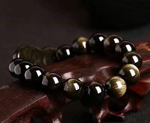 Feng Shui riqueza prosperidad pulsera de oro Obsidiana Fox Dios estiramiento del brazalete curativo natural de la piedra preciosa pulsera Chakra atraer el dinero Suerte Amor matrimonio armonioso,10mm