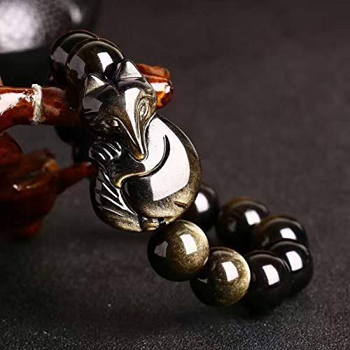 Feng Shui riqueza prosperidad pulsera de oro Obsidiana Fox Dios estiramiento del brazalete curativo natural de la piedra preciosa pulsera Chakra atraer el dinero Suerte Amor matrimonio armonioso,10mm