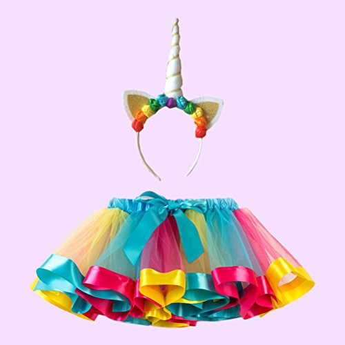 FENICAL Disfraz de Unicornio para Niñas Diadema Unicornio Floral con Oreja y Falda Tutú de Arco Iris Disfraz para Fiesta Azul Cielo Tamaño M