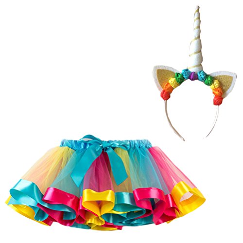 FENICAL Disfraz de Unicornio para Niñas Diadema Unicornio Floral con Oreja y Falda Tutú de Arco Iris Disfraz para Fiesta Azul Cielo Tamaño M