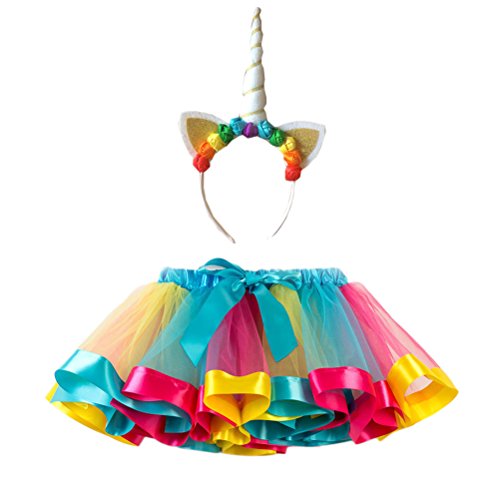 FENICAL Disfraz de Unicornio para Niñas Diadema Unicornio Floral con Oreja y Falda Tutú de Arco Iris Disfraz para Fiesta Azul Cielo Tamaño M