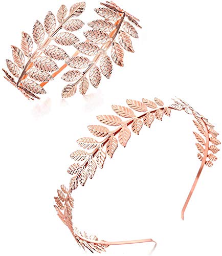 Finrezio Diadema De Diosa Griega Brazalete Conjunto De Joyas Nupciales Roman Laurel Leaf Branch Crown Armlet Brazalete Superior Ajustable Oro Rosa