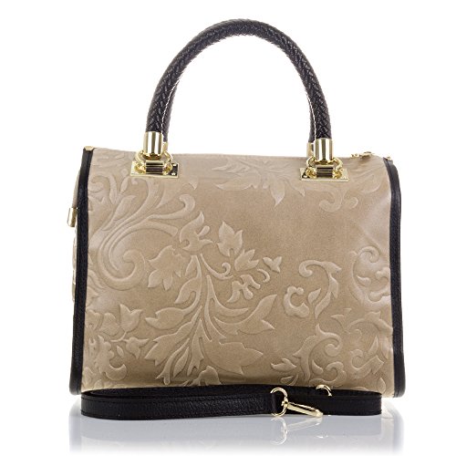 Firenze Artegiani Bolso de Hombro para Mujer en Piel auténtica, Grabado arabescos, asa Cuero Trenzado, 31 cm, Taupe