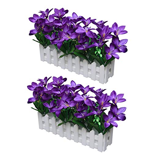 Flikool 2pcs Flores Artificiales de Seda en Jarrón Maceta Orquídeas Plantas Artificiales con Cerca de Madera Lirio Decorativas Bonsai Arreglos Florales para Balcón Hogar Oficina Boda - Púrpura