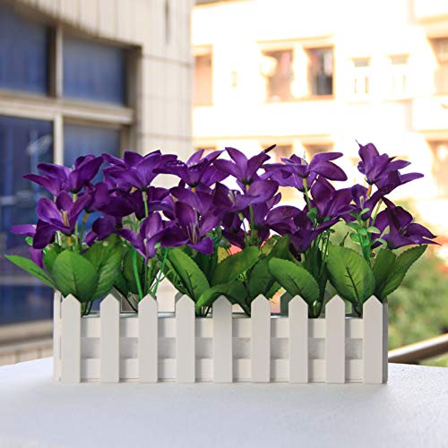 Flikool 2pcs Flores Artificiales de Seda en Jarrón Maceta Orquídeas Plantas Artificiales con Cerca de Madera Lirio Decorativas Bonsai Arreglos Florales para Balcón Hogar Oficina Boda - Púrpura