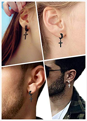 Flongo Pendientes de Mujer Hombre, Pendientes en Forma de Cruz de Estilo de Moda de Acero Inoxidable, Color Plateado Negro, Regalo Navidad San Valentín