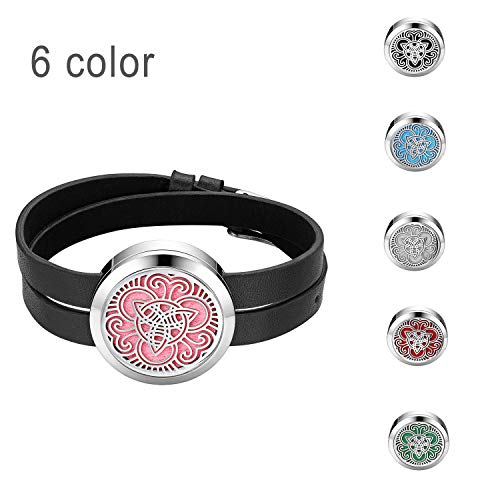 Flongo Pulsera de Locket de Perfume Difusor Aromaterapia, Pulsera de Cuero Moneda de Celta Hueco Aceite Esencial con 6 Almohadillas, San Valentin