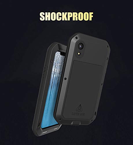 FONREST iPhone XR Funda de Cuerpo Completo, 6,1-Pulgada Love Mei Antichoque Al Aire Libre Tarea Pesada Híbrido Aluminio Metal Armadura Antipolvo Carcasas con Vidrio Templado (Negro)