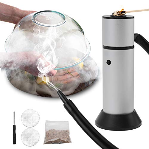 FrideMok Set de Ahumado con Pipa de Humo,Smoking Gun Portátil Cocina Molecular con Chips de Madera para Comida, Carnes, quesos, Bebidas - Plata