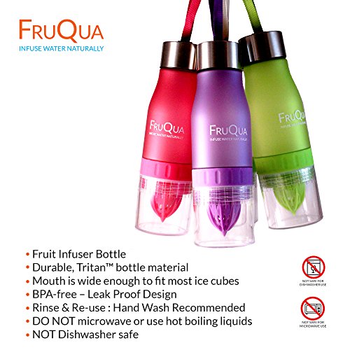 fruqua Fruits Infuser Bouteille d'eau en 7 couleurs vives, sans BPA, 650 ml pour boire avec fruits gratuite enrichi en eBook de recettes, anti-fuite, Matériau fabriqué avec Tritan, des solutions ayka orange