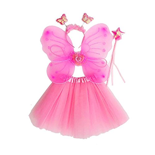 Fun Play - Disfraz de Hada para niñas - Alas de Mariposa, Tutú, Varita Mágica y Diadema - Disfraz de Mariposa o Ángel con Alas para niñas de 3-8 años - Color Rosa