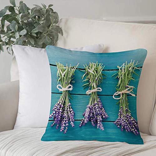 Funda de Cojín duradero Fundas de Almohada Decorativa,Lavanda, Ramos de lavanda fresca en tablones de madera azul Spa rústico relajante relajante d,Funda de Cojín con Cremallera Invisible 45 x 45 cm