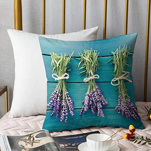 Funda de Cojín duradero Fundas de Almohada Decorativa,Lavanda, Ramos de lavanda fresca en tablones de madera azul Spa rústico relajante relajante d,Funda de Cojín con Cremallera Invisible 45 x 45 cm