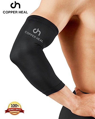 Funda de Compresión de Cobre de Codo COPPER HEAL - Manga Codo recuperación médica contenido más alta infundida Codera Soporte rígido Dolor músculos articulaciones Tendonitis Brazo canasta tenis (M)