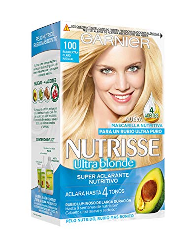 Garnier Nutrisse Creme Coloración Nutritiva Permanente, Tinte 100% Cobertura de Canas con Mascarilla Nutritiva de 4 Aceites - Tono 100 Rubio Extra Claro Natural