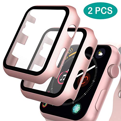 GeeRic Protector de Pantalla Compatible con Apple Watch 42mm Series 3, [2 Pcs] [PC Funda][HD Película] [Completa], Cristal Vidrio Templado Compatible para Apple Watch 42mm Series 3/2/1 Rosa