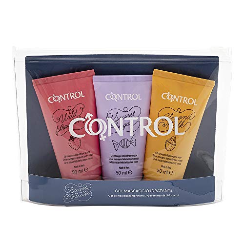 Geles de Masaje hidratante CONTROL kit 3 para el cuerpo de tamaño mini. Set de 3x50 ml con práctico estuche en 3 irresistibles fragancias: fresas silvestres, leche de almendras y azúcar glasé