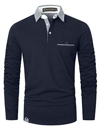 GHYUGR Polo Hombre Manga Larga Camiseta Deporte Clásico Elegante Cuadros Cuello T-Shirt,Azul Marino,XL