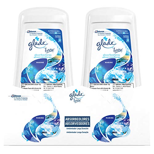 Glade® Gel Ambientador Absorbeolores de larga duración para baños armarios y espacios pequeños, fragancia Marine aceites esenciales, 2 unidades - 2x150 gr