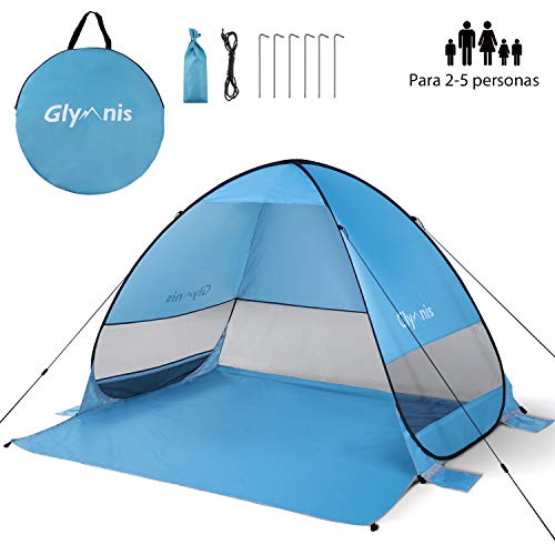 Glymnis Tienda de Playa Pop Up 2-5 Personas Tienda Instantánea Automática Tienda de Playa Portátil UPF 50+ de Gran Tamaño 200×165×130 cm Azul