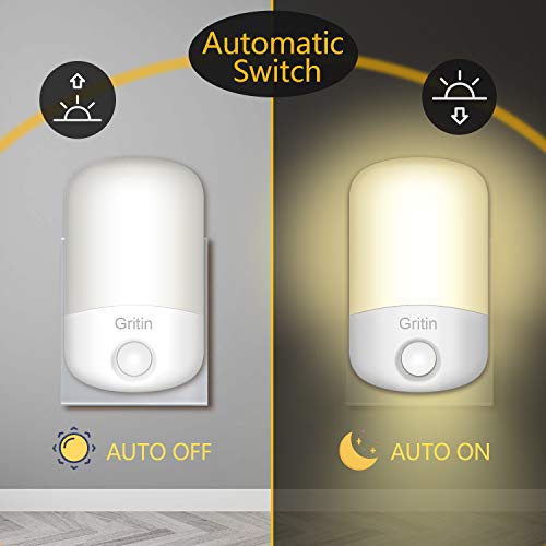 Gritin Luz Nocturna Infantil, [2-Pack] Luz Calida LED Noche con Luz Sensor, Luz Lámpara Quitamiedos Infantil con Enchufe, Ahorro de Energía Luz para Habitación Bebé, Pasillos, Dormitorio, Sala etc.