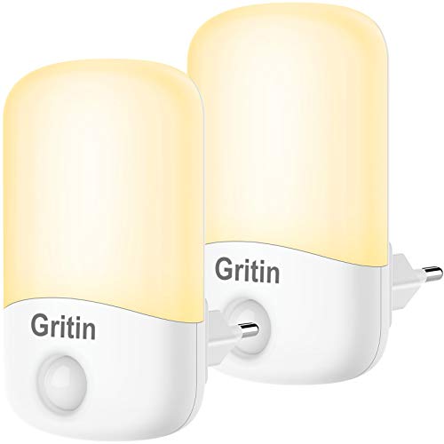 Gritin Luz Nocturna Infantil, [2-Pack] Luz Calida LED Noche con Luz Sensor, Luz Lámpara Quitamiedos Infantil con Enchufe, Ahorro de Energía Luz para Habitación Bebé, Pasillos, Dormitorio, Sala etc.