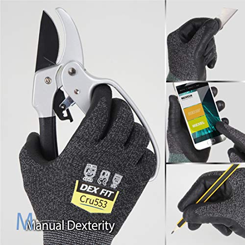 Guantes DEX FIT Nivel 5 Anticortes Cru553, Ajuste Cómodo Elástico en 3D, Gran Agarre, Espuma de Nitrilo Duradera, Smart Touch, Fino y Ligero, Negro Gris Talla 7 (S) 1 Par