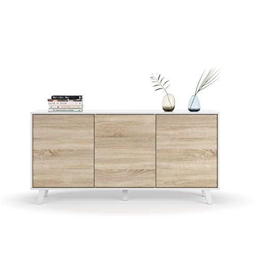 Habitdesign 0F6638BO - Aparador Buffet salón Comedor 3 Puertas, Color Blanco Brillo y Roble Canadian, Medidas: 154 x 75 x 41 cm de Fondo