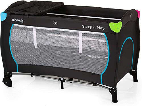 Hauck Sleep N Play Center - Cuna de viaje 7 piezas hasta 15 kg, altura recién nacido, con apertura lateral, ruedas, colchón, cambiador bebe, bolsa de transporte, plegable y regulable, negro