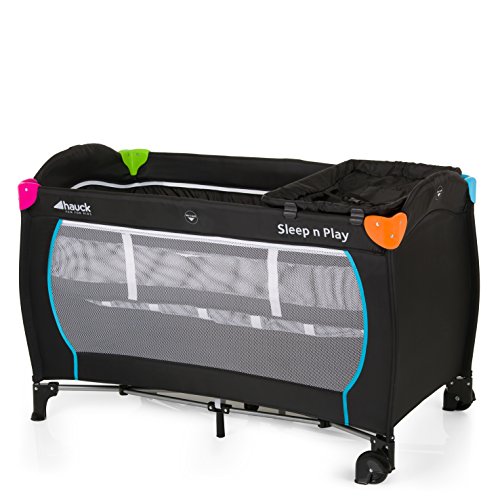 Hauck Sleep N Play Center - Cuna de viaje 7 piezas hasta 15 kg, altura recién nacido, con apertura lateral, ruedas, colchón, cambiador bebe, bolsa de transporte, plegable y regulable, negro