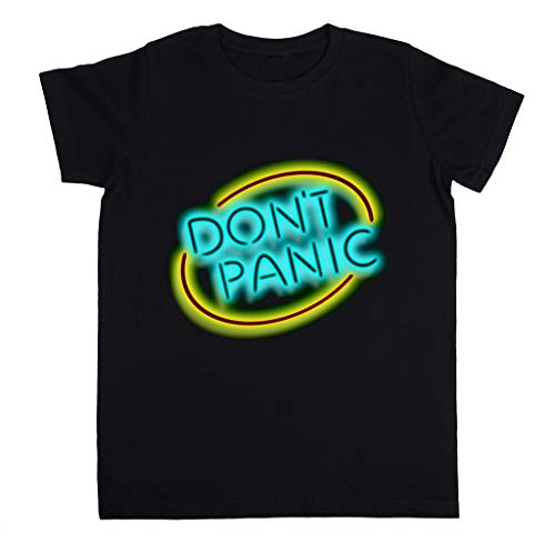 Hitchhikers Guide - Dont Panic Neon Sign Unisexo Niño Niña Camiseta Negro Tamaño XS Unisex Kids Boys Girls's T-Shirt Black Size XS