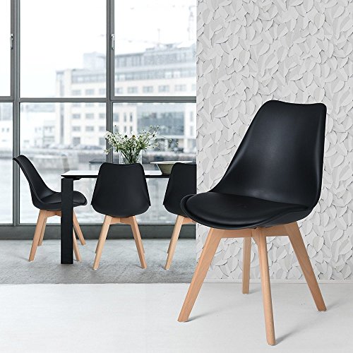 H.J WeDoo Pack de 6 Silla de Comedor Silla escandinava, Pata Madera de Haya y Asiento Acolchado, Estilo nórdico - Negro