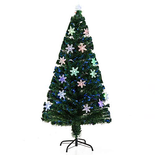 HOMCOM Árbol de Navidad Artificial Árboles de Abeto 150cm con Soporte Decoraciones Navideñas Copos de Nieve Fibra Óptica Brillante LED Multicolor Ignífugo
