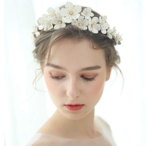 HONEY BEAR Tiaras de Novia Diademas de joyería Nupcial Diademas para el Cabello para Mujer, Forma de Flor, aleación ecológica con Perlas simuladas y Diamantes de imitación para Regalo de Boda