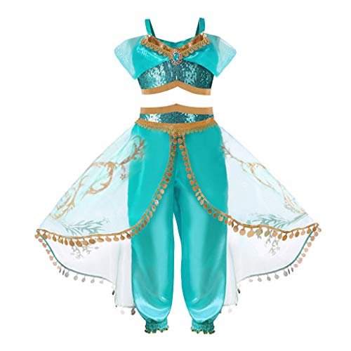 HOOPERT Niña Aladdin Princesa Jasmine Disfraz Tops Pantalones Manga Corta Traje Cosplay Actuación Carnaval Navidad Regalo Cumpleaños Danza Vientre Vestido de Princesa 3-10Años