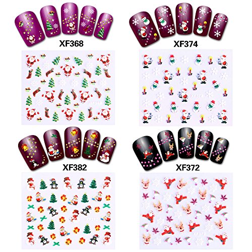 Howaf Navidad 3D Nail Art Stickers Calcomanías (20 Hojas), Navidad Papá Noel Reno Copo De Nieve Pegatina uñas Calcomanías autoadherentes Nail Art Decoración DIY Etiqueta