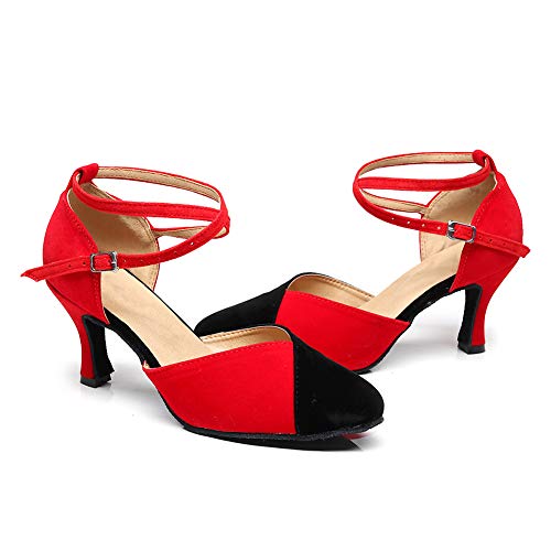 HROYL Zapatos de Baile Latino Mujer Salsa Bachata Cerrados Zapatos Baile de Salon,QJW7136-7.5-Negro Rojo, EU 37