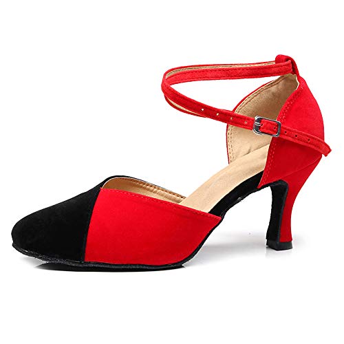 HROYL Zapatos de Baile Latino Mujer Salsa Bachata Cerrados Zapatos Baile de Salon,QJW7136-7.5-Negro Rojo, EU 37