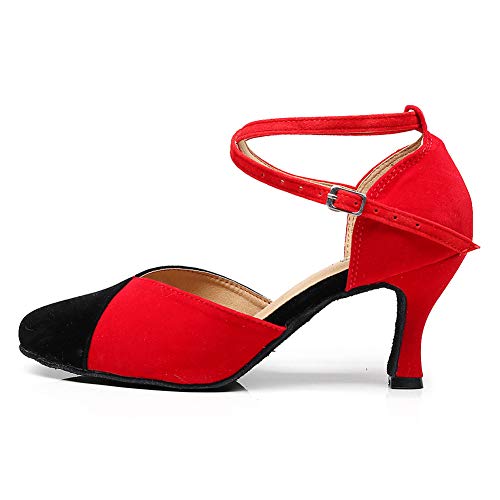 HROYL Zapatos de Baile Latino Mujer Salsa Bachata Cerrados Zapatos Baile de Salon,QJW7136-7.5-Negro Rojo, EU 37