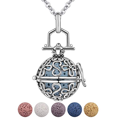 INFUSEU Collar de aromaterapia de Flores Piedras de Lava Difusor de Aceite Esencial Medallón Colgante Joyas para Mujeres Niña con 5 PCS Cuentas de Lava y Cadena de eslabones de 61 cm