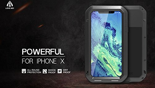 iPhone X Funda de cuerpo completo, Love Mei Antichoque Al aire libre Tarea pesada Híbrido Aluminio Metal Armadura Antipolvo Carcasas para iPhone 10 con protector de pantalla de vidrio templado (Negro)