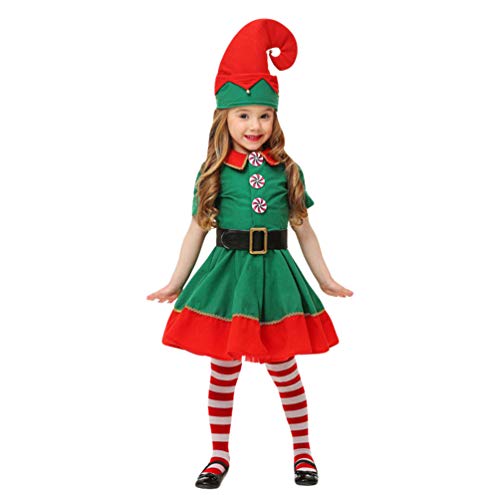 JEELINBORE Disfraz de Elfo, Unisexo Adultos Niños Disfraz de Duende de Navidad Halloween Cosplay Fancy Dress Xmas con Sombreros (Femenino, 80)