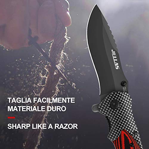 Jellas Cuchillo Plegable Supervivencia, Navaja Táctica con Punta Rompevidrio y Cutter Cinturón, 7Cr17 Acero Inoxidable con Hoja Recubierta de Titanio, Mango de Aluminio+G10, para Acampar, Picnic, Caza