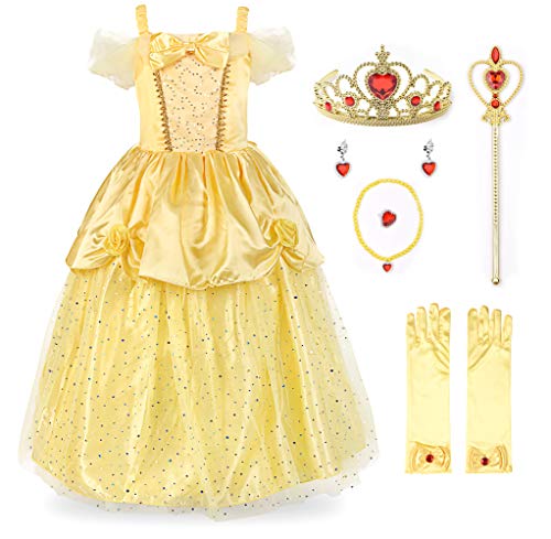 JerrisApparel Niña Princesa Belle Disfraz Lentejuela Tul Fiesta Vestido (4 años, Amarillo con Accesorios)