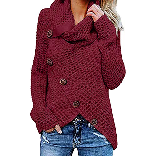 Jerseys De Punto para Mujer Cuello de Tortuga Manga Larga Suelto Prendas de Punto Suéter Irregular Jerséis Collar de la Pila Tops Cálido Otoño Invierno riou (z-Wine Red, L)